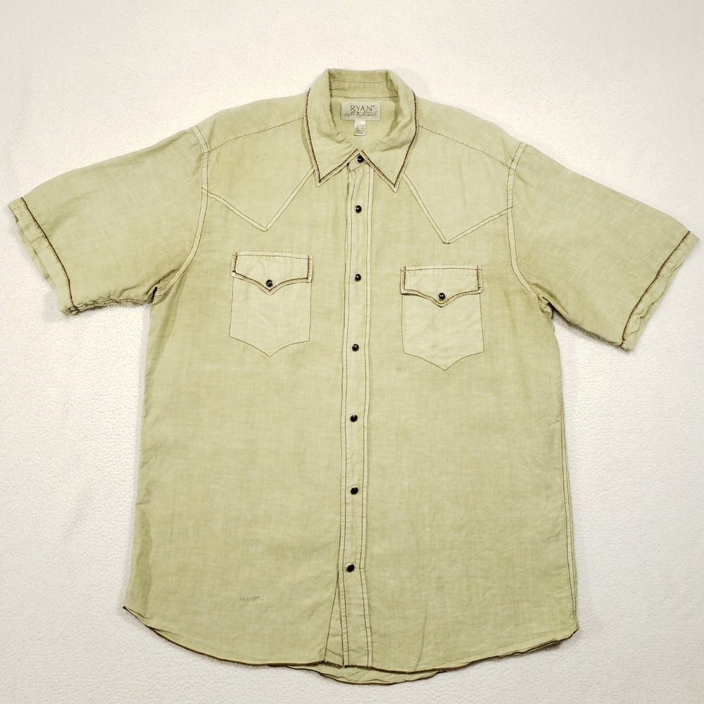 Ryan Michael Pearl Snap Western Shirt Mens Large Sandstone Tan Silk Linen Cowboy